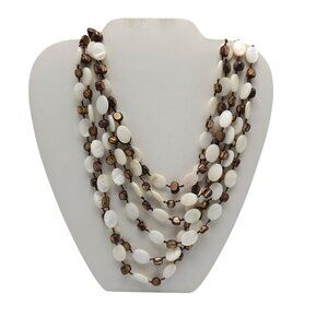 Multi Layer White Mother of Pearl Brown Shell Necklace With Toggle Closure